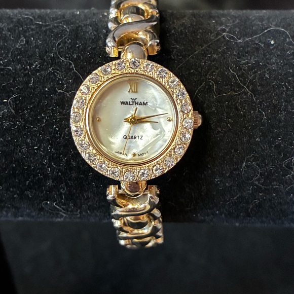 Waltham Woman's Gold Tone Mother Of Pearl Face Rhinestone Analog Watch - Picture 7 of 8